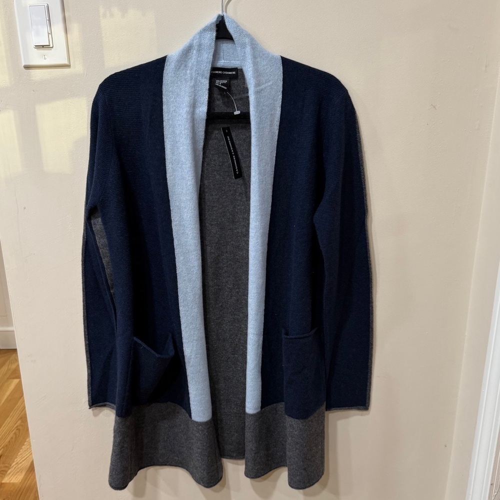 Cashmere Women’s Open Front Cardigan- 100% Cashmere- Blue/Gray-M-NWT - Picture 1 of 8